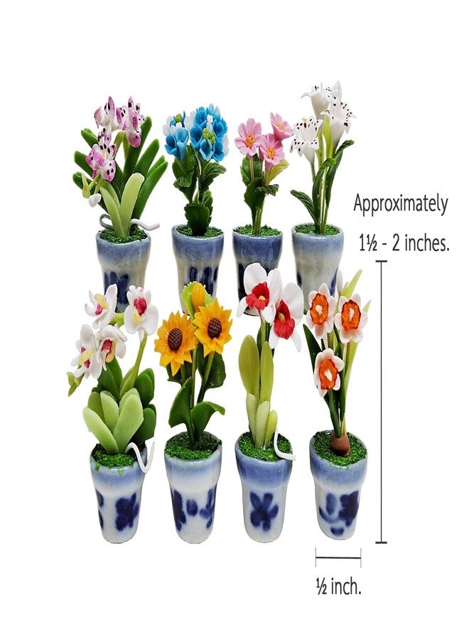 WitnyStore Tiny 2" High 8 Pieces Set Mix Hand Made Artificial Flowers Realistic Colorful Miniature Modelling Clay Flower Pots Brilliant Variety of Imitation House Plant Species Home Decoration - Image 2